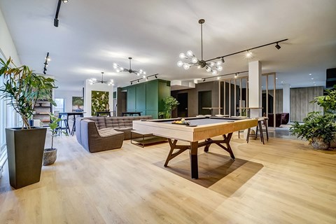 A room with a pool table and a billiard table.