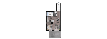 A floor plan of a house with a living room, dining room, kitchen, and bathrooms.