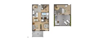 A floor plan of a two-story apartment with a living room, kitchen, and bedrooms.