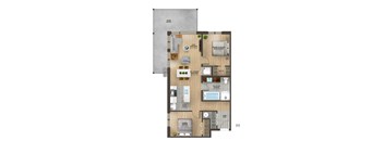 A floor plan of a two-bedroom apartment with a living room, kitchen, and bathroom.