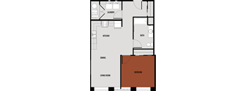 A floor plan of a house with a laundry room, kitchen, dining room, living room, and bedroom.