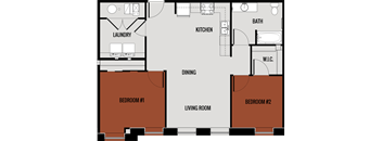 A floor plan of a living space with two bedrooms, a kitchen, a dining area, a laundry room, and a bathroom.