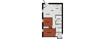 A floor plan of a house with two bedrooms, a living room, a dining area, a kitchen, a laundry room, and a bathroom.