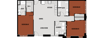 A floor plan of a house with three bedrooms, a living room, a dining room, a kitchen, a laundry room, and a washroom.