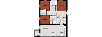 A floor plan of a house with three bedrooms, a living room, a dining area, a kitchen, a bathroom, and a workspace.