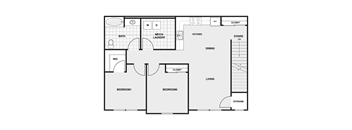 A floor plan of a house with two bedrooms, a kitchen, a dining area, a bathroom, a washing machine, and storage space.