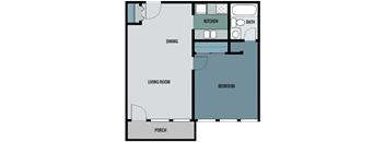 A floor plan of a house with a kitchen, bath, dining, living room, bedroom and porch.