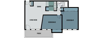 A floor plan of a house with a living room, two bedrooms, a kitchen, a bathroom, and a porch.