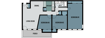 A floor plan of a house with a living room, dining area, kitchen, three bedrooms, a bathroom, and a porch.