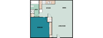 A floor plan of a room with a bedroom, living room, kitchen, dining area and bathroom.