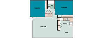 A floor plan of a house with two bedrooms, a living room, kitchen, dining area and a pantry.
