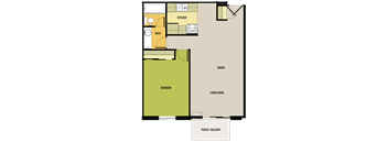 A floor plan of a house with a kitchen, bath, bedroom, dining and living room.