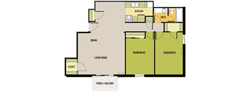 A floor plan of a house with a kitchen, two bedrooms, a bath, a dining area, a living room, a closet, and a porch/balcony.