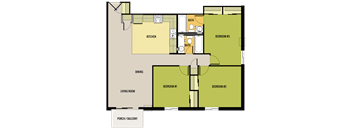 A floor plan of a house with a living room, kitchen, dining area, and three bedrooms.
