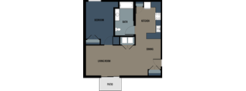 A floor plan of a house with a bedroom, bath, kitchen, dining area, living room, and patio.