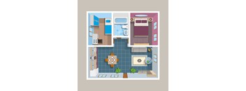 A series of four images depicting different room layouts.