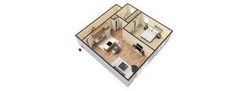 A 3D image of a house layout with a kitchen, living room, and two bedrooms.