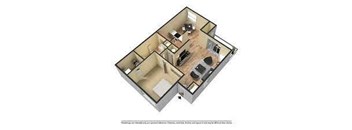 A 3D floor plan of a house with a kitchen, living room, and two bedrooms.