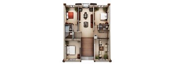 A 3D floor plan of a small apartment with a kitchen, living room, and bathroom.