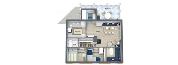 A 3D rendered image of a house layout with labeled rooms.