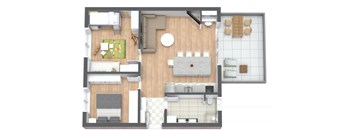 A top-down view of a house layout with a kitchen, living room, and bathroom.