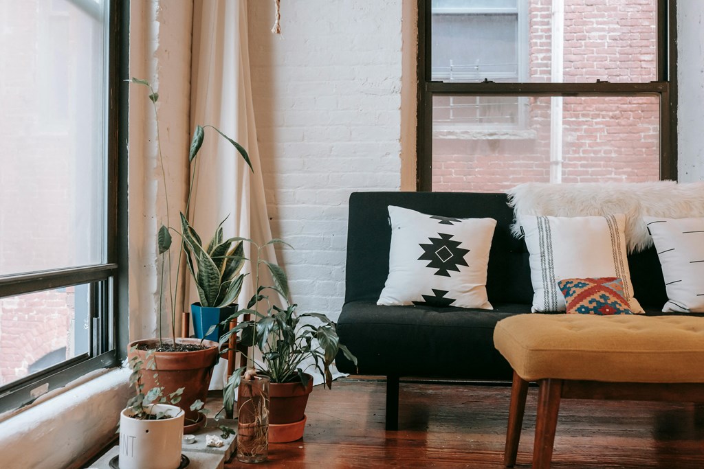 A living room with a black couch, a wooden table, and several potted plants.