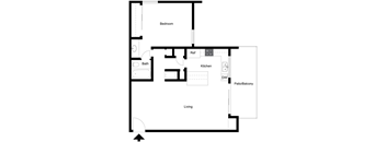A floor plan of a living space with a bedroom, bathroom, kitchen, and living room.