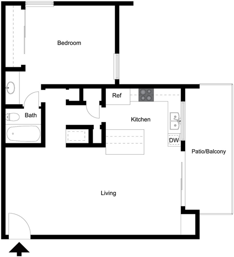 A floor plan of a living space with a bedroom, bathroom, kitchen, and living room.