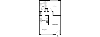 A floor plan of a small apartment with a bedroom, living room, kitchen, dining area, bathroom, and laundry room.