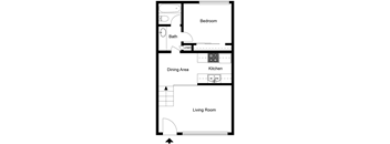 A floor plan of a small apartment with a bedroom, living room, dining area, and kitchen.