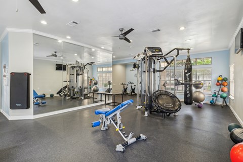 A spacious gym with a variety of equipment including a treadmill, weights, and a bench press.