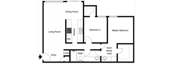 A floor plan of a house with a living room, dining room, kitchen, and multiple bathrooms.