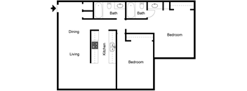 A floor plan of a home with a living room, dining room, kitchen, two bathrooms, and two bedrooms.