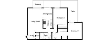 A floor plan of a house with a balcony, two bedrooms, a living room, a dining area, a kitchen, a bathroom, and a patio.