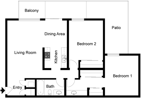 A floor plan of a house with a balcony, two bedrooms, a living room, a dining area, a kitchen, a bathroom, and a patio.