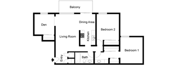 A floor plan of a home with a living room, dining area, kitchen, two bedrooms, a bathroom, and a balcony.