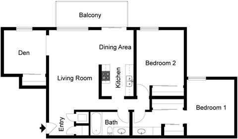 A floor plan of a home with a living room, dining area, kitchen, two bedrooms, a bathroom, and a balcony.