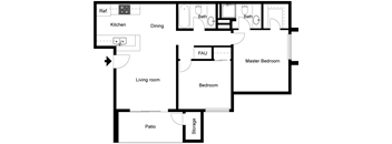 A floor plan of a house with a living room, dining room, kitchen, two bathrooms, a master bedroom, a bedroom, a patio, and storage.