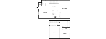 A floor plan of a home with two bedrooms, a living room, a dining room, a kitchen, a bath, a closet, a linen closet, a reference closet, a two car garage, and WI