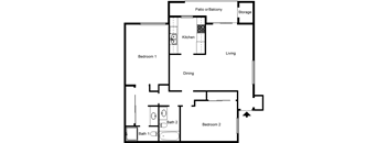 A floor plan of a home with two bedrooms, a patio or balcony, a kitchen, a storage area, and a dining area.