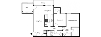 A floor plan of a house with a den, two bedrooms, a living room, a dining room, a kitchen, a hall, a bath, an entry, a linen closet, a balcony, and an open van