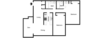 A floor plan of a home with two bedrooms, a living room, a dining area, a kitchen, and two bathrooms.