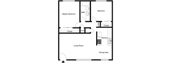 A floor plan of a home showing a living room, dining area, kitchen, two bedrooms, a bathroom, and closets.