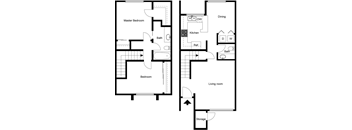 A floor plan of a house with a master bedroom, a living room, a kitchen, a dining area, and two bathrooms.