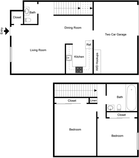 A floor plan of a home with two bedrooms, a living room, a dining room, a kitchen, a bath, a closet, a linen closet, a reference closet, a two car garage, and WI