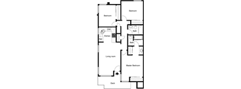 A black and white image of a floor plan for a house with a deck and two bathrooms.