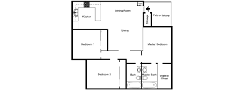 A floor plan of a home showing a kitchen, two bedrooms, a dining room, a bathroom, and storage.