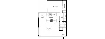 A floor plan of a small apartment with a living room, dining room, kitchen, and bathroom.