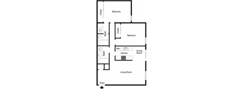 A floor plan of a living space with a dining room, kitchen, and two bedrooms.