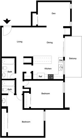 A floor plan of a house with a den, two living areas, a dining area, a kitchen, a bakery, two bathrooms, a rear garden, and two bedrooms.